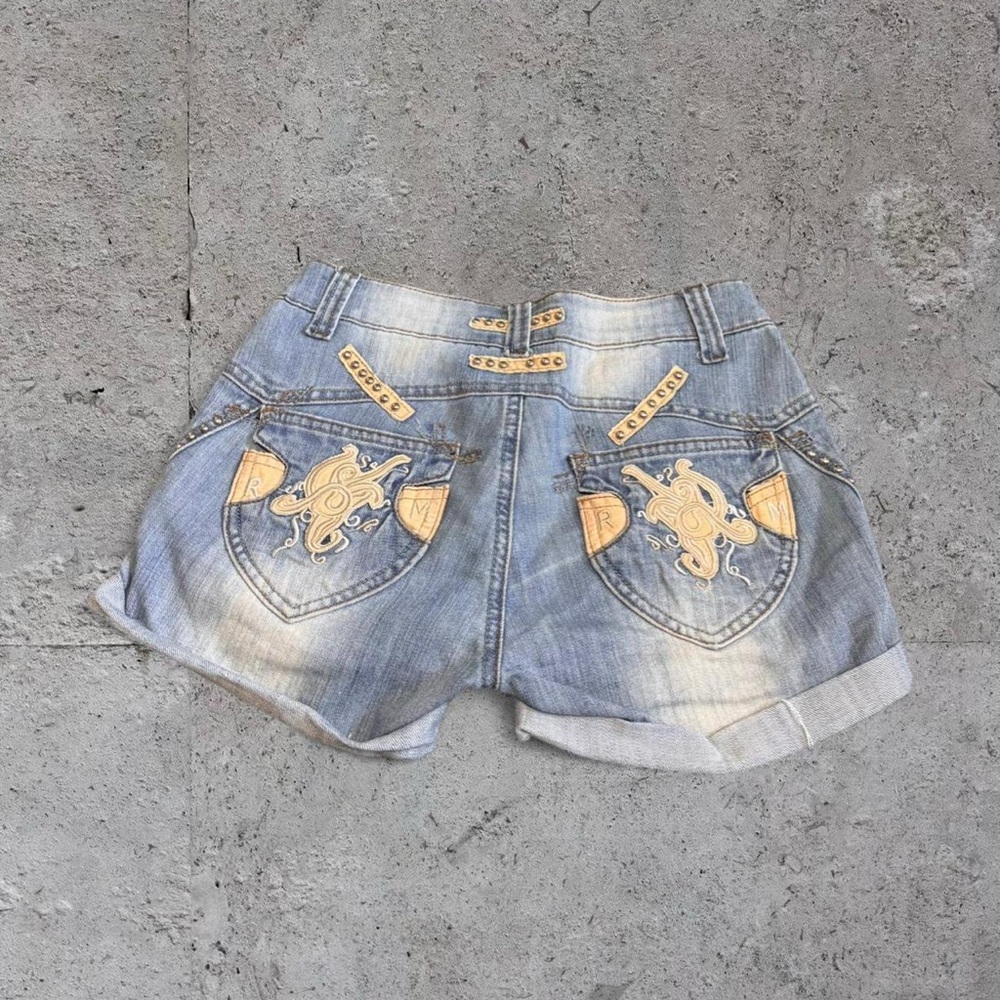 Blue/Beige Detail Y2K Denim Shorts - Picture 3 of 7